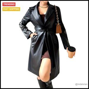 Leather Trench Coat Long Sleeve Motorcycle Biker With Belt Elegant Chic